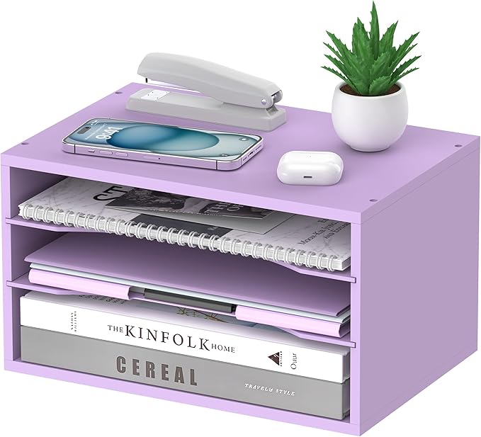 Wood Desk Organizer, 3 Tier Paper Tray Organizer for Desk with Adjustable Storage Shelves, Desktop File Organization Paper Sorter Mail Holder for Office Home Classroom, Purple