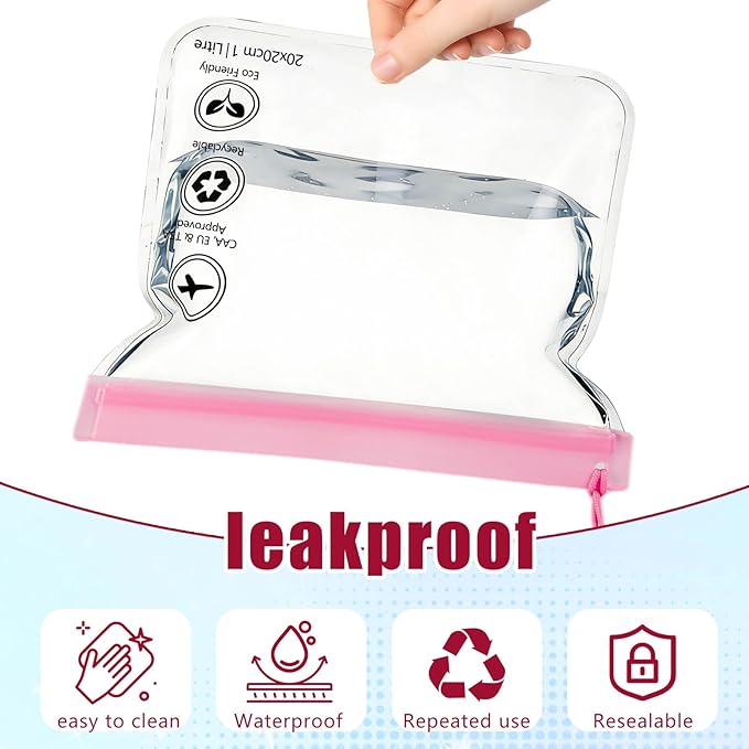 4-Pack 16 Mil Reusable TSA-Approved Quart Size Toiletry Bag with Gusseted Bottom | 1 Liter Leakproof Liquid Bag for Travel | 3-1-1 Compliant for US, UK & EU Flights (Pink)