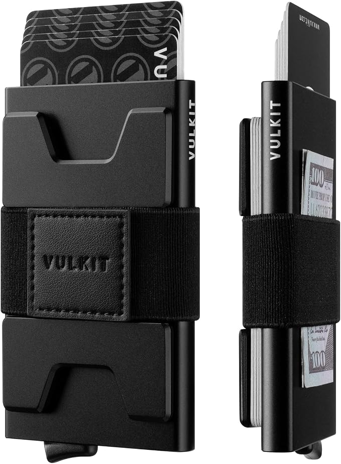 VULKIT RFID Blocking Card Holder Wallet for Men, Aluminum Expandable Backplate, Slim Minimalist Metal Pop Up Wallet, Holds 15+ Cards & Cash, Black