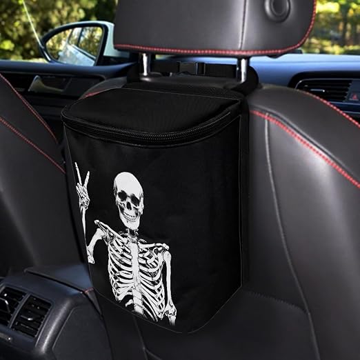 Biyejit Funny Skeleton Car Rubbish Storage Reusable Car Trash Can for SUVs Vans, Waterproof Automotive Garbage Cans Bin Hanging Leak Proof Vehicle Trash Can