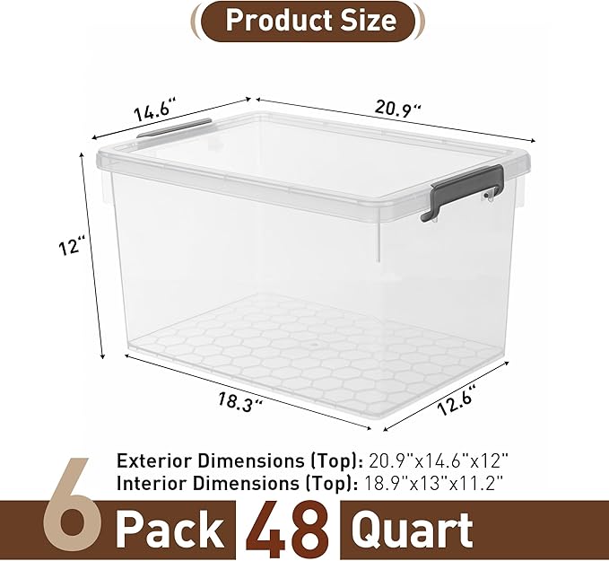 Citylife 48 QT 6 Packs Plastic Storage Bins with Lids and Secure Latching Buckles Clear Stackable Storage Containers for Organizing Durable Storage Box