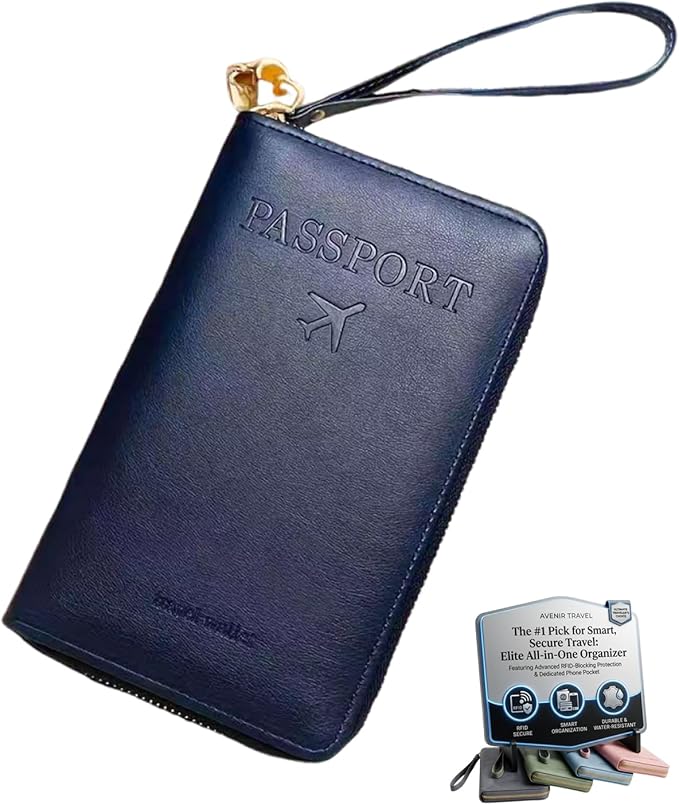 RFID Blocking Wallet for Women Men Cash Travel Passport Holder Family PU Leather Phone Document Organizer Case Cover Pouch with Lanyard Zipper Boarding Pass Id Card Pocket(Deep Blue)
