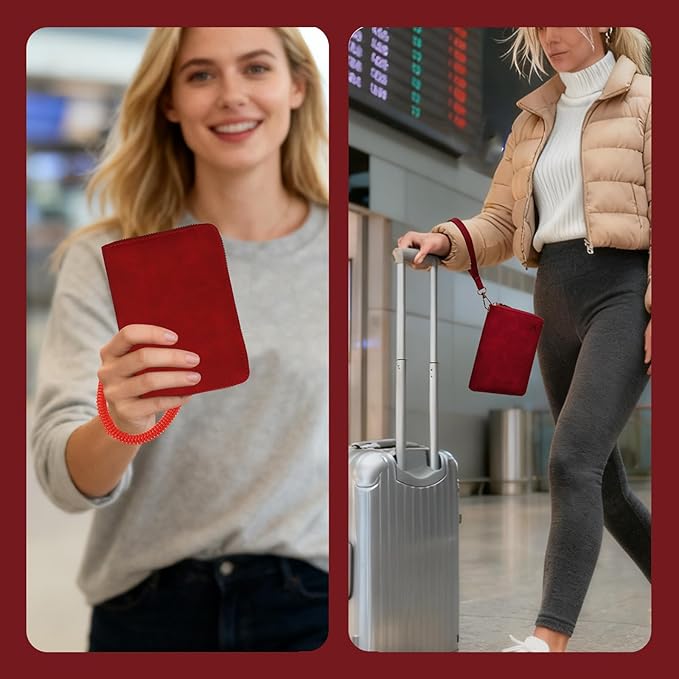 Passport Holder with Tether and Carabiner Clip to Prevent Loss and Theft, Rfid Passport Holder for Travel, Passport Cover, Wallet & Case for Men and Women (Red - Tether and Carabiner)