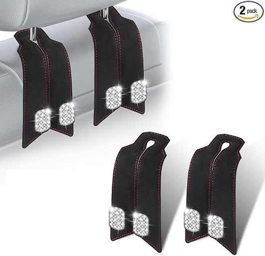 2Pcs Bling Car Headrest Hooks, Premium Leather & Sparkling Rhinestone Dual Metal Hooks, Back Seat Organizer for Bags, Coats, Purses and Groceries (Crystal Black)