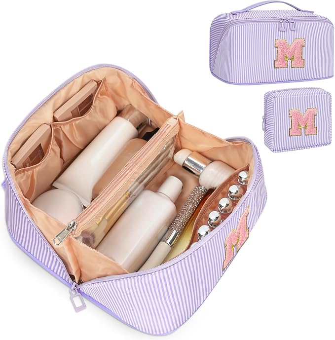 2026 Graduation Gifts - Travel Makeup Bag for Women, 2Pcs Portable Personalized Initial Makeup Organizer Bag, Open Flat Large Cosmetic Bag With Travel Essential Pouch (Purple Letter M)