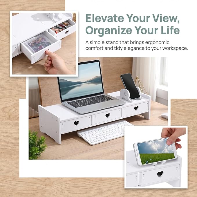 Computer Monitor Stand Riser with 3 Drawers - No Assembly White Desk Organizer & Laptop Shelf - Waterproof Desktop Storage for Home Office, School Dorm & Vanity - 3-Tier Space-Saving Design