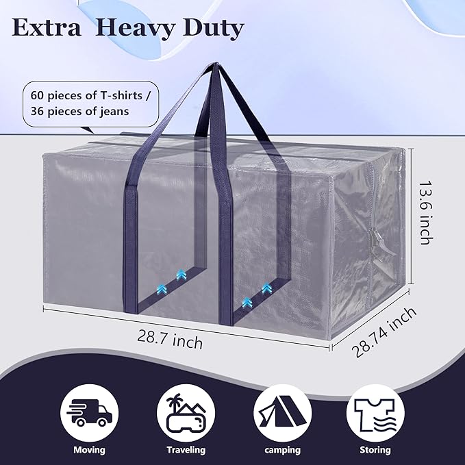 12 Pack Moving Bags with Full-Open Side Zipper, Extra Large 93L Heavy Duty Waterproof Foldable Storage Totes for College Dorm, Moving & Home OrganizationDarkBlue