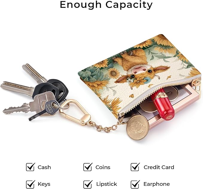 Highland Cow Cattle Keychain Coin Purse for Women, Small PU Leather Change Pouch, Zipper Little Tiny Travel Wallet for Girls, Cute Kawaii Zip Pocket Coin Holder with Key Ring