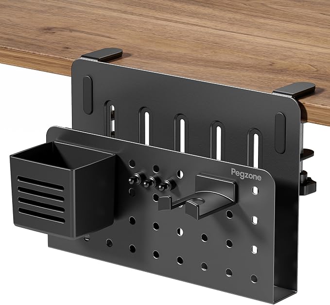 Under Desk Storage Organizer, Laptop Holder Stand with Pegboard Design, Holds 22lbs, Clamp on Desk Organizer, Fits 0.4"-2.2" Desktop Edge, Black