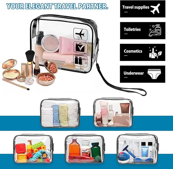 Clear Toiletry Bag, 2 Packs TSA Approved Water resistant Quart Size Travel Organizer, Waterproof & Leakproof Airline Travel Essential Carry On Makeup Cosmetic Bags for Liquids, Black