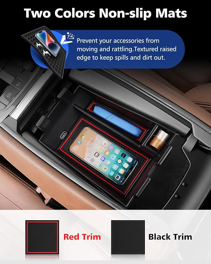 FIILINES Center Console Organizer for BMW X5 X7 2019-2024 / BMW X6 2020-2024, Center Console Tray Secondary Armrest Storage Box ABS Insert Container with Anti-Slip Mats