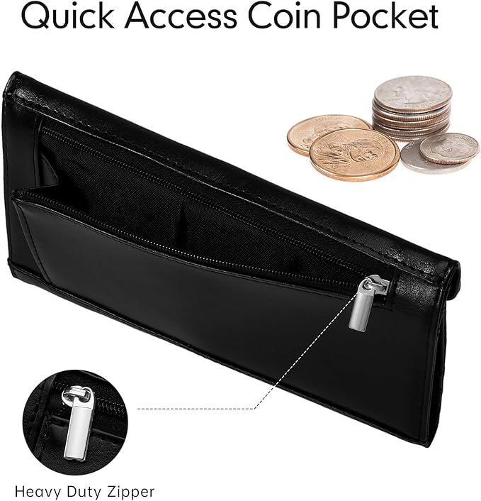 Card Wallet for Women RFID Blocking Envelope Style Ultra Slim Credit Card Case with Zip Coin Pocket, Black
