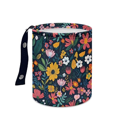Colorful Flowers Car Garbage Trash Can Collapsible Trash Rubbish Bin Basket Bag Portable Cup Holder Organizer with Strap Universal Storage Bag Box for Front Seat, Back Seat, Headrest