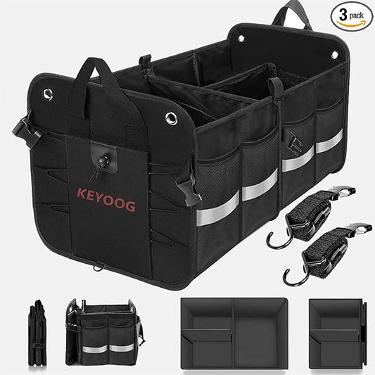 KEYOOG Car Trunk Organizers and Storage, Sturdy Waterproof Durable Collapsible Multi-Heavy Duty, Non-Slip Bottom & Adjustable Securing Straps, for Car, SUV, Truck, or Van (3 Compartments, ExtraLarge)