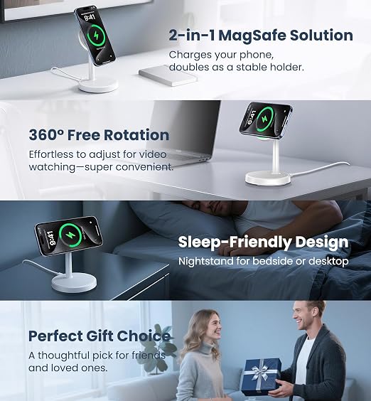 Magnetic Wireless Charger iPhone, 2 Pack 15W Fast Mag-Safe Charger Stand for iPhone 17/17 Air/17 Pro/17 Pro Max 16/15/14/13/12 Series, Wireless Charging Station for Pad/AirPods(White)