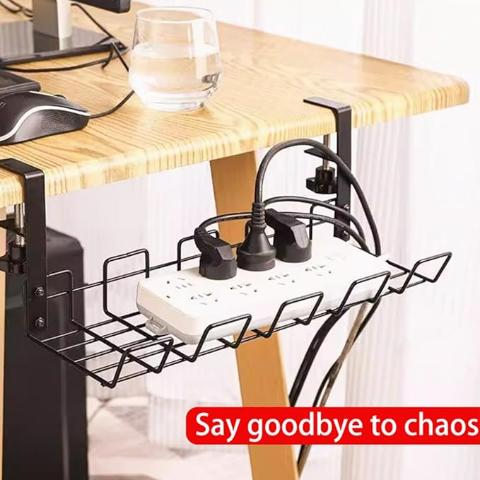 No-Drill Hanging Carbon Steel Cable Organizer Rack for Under Desk – Black, Large Capacity, Multi-Functional