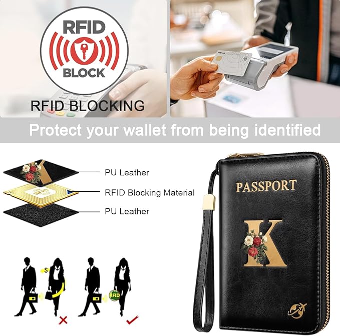 Passport Holder Cover Wallet with Zipper Personalized Initial Letter K Rose Flower RFID Blocking Travel Wallets Credit Cards Holder for Women, Gift for Wife and Girlfriend,K