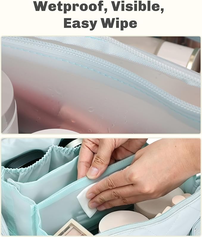 Hynes Eagle Travel Makeup Bag for Women Puffy Cosmetic Organizer Pouch Open Flat Toiletry Bag for Toiletries Brushes Structured Base Light Blue
