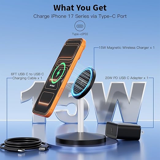 Magnetic Wireless Charger i Phone Stand 15W Fast Mag-Safe Charging Station 6FT Magnet Wireless Charging Stand with Plug Compatible with Apple iPhone 17/17 Pro/Air/17Pro Max 16/15/14/13/12,AirPods Pro