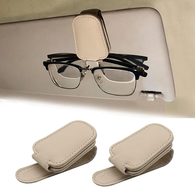 2 Pack Leather Car Visor Sunglass Holder, Magnetic Leather Glasses Eyeglass Hanger Clip for Car, Sunglass Clip Glasses Holder for Car Visor（Beige）