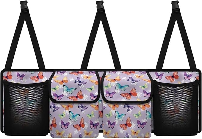 Colorful Butterfly Car Trunk Organizer Hanging Multipurpose Auto Backseat Storage Bag Universal Automotive Interior Accessories with 4 Pockets 3 Adjustable Straps