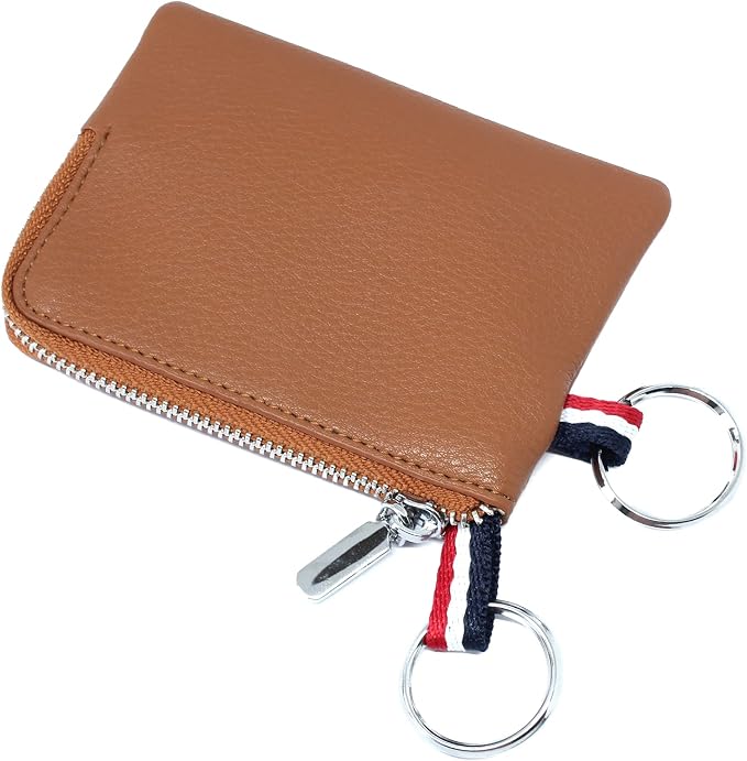 Leather Coin Purse, Change Purse for Men Women (Brown, standard) | Mini Coin Pouch with Zipper & 2 Keyrings, Water-resistant Genuine Leather Wallet for Pocket, Daily,Gifts