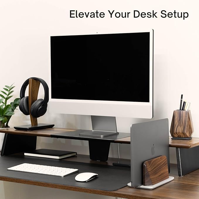 Vertical Laptop Stand, Solid Black Walnut Body & Silver-Finished Ash Wood Base, Wood Laptop Holder Vertical for Desk - Adjustable Dock (0.47"-1.57" Width) Fits Most Laptops, MacBooks