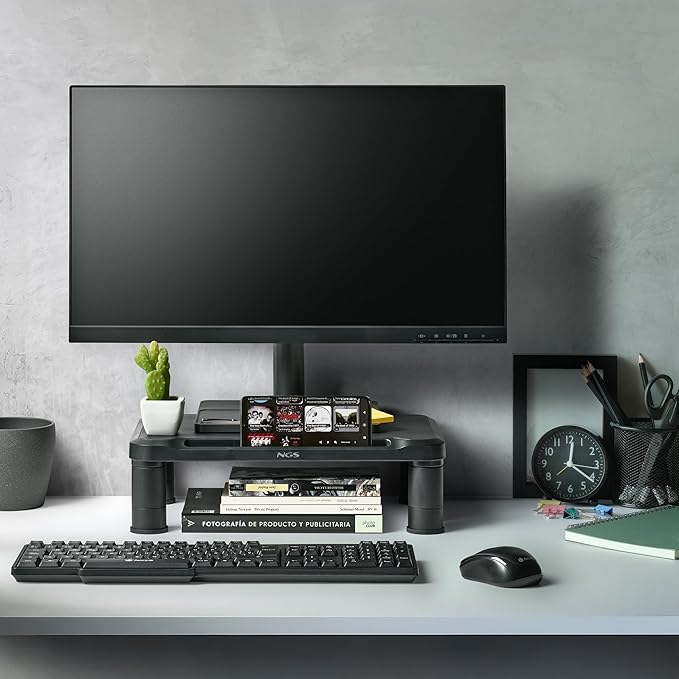 NGS Screen Stand ??Ergonomic Monitor Stand with 3 Adjustable Heights, Non-Slip Feet, Storage Space, ABS Plastic Resistant up to 20 kg, 38 x 24 x 11.5 cm