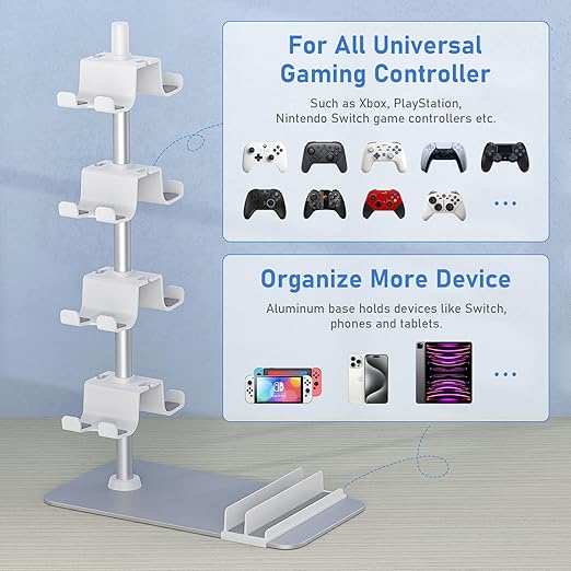 MANMUVIMO Controller Holder for 8 Xbox PS5 PS4 Gaming Controller, Controller Stand Desk, Gamer Gifts for Men, Organizer Rack for Headset/iPad/Mobile Phone, Gaming Room Accessories(White)