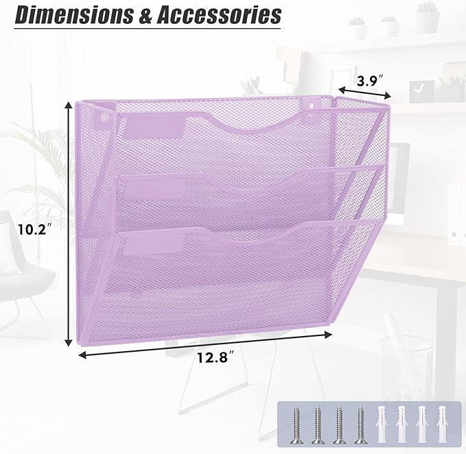 EASEPRES 3 Pocket Mesh Hanging Wall File Organizer, Wall Mounted Mail Paper Document Folder Holder, Clipboard Storage Organization Magazine Rack with Nametag Label for Office Home School, Light Purple