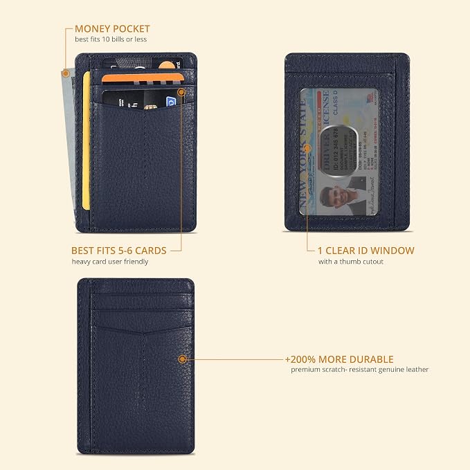 Oak Leathers Leather Slim Minimalist Wallet for Men & Women RFID Front Pocket Leather Card Holder Wallets (Nappa Navy)