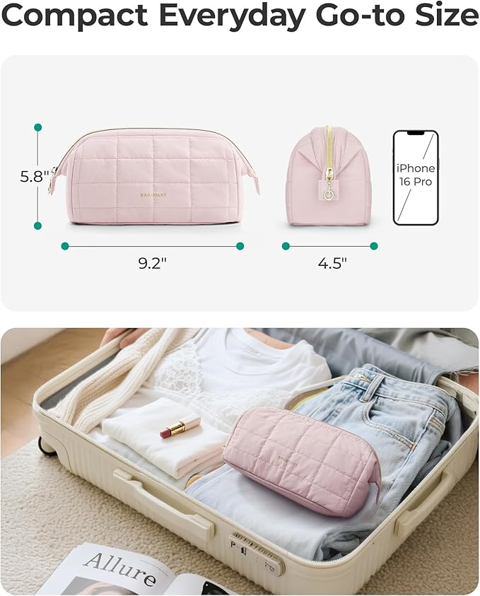 BAGSMART Makeup Bag Travel Cosmetic Bag, Puffy Padded Make Up Bags for Women Makeup Organizer Case, Wide-open Pouch Purse Travel Essentials Toiletries Accessories Brushes, Grayish Purple