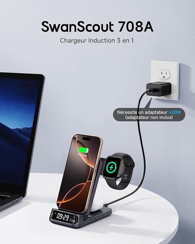 SwanScout Wireless Charger for iPhone Air/17/16/15/14/13/12 Series, 3 in 1 Charging Station for Apple Watch 11/10/9/8/7/6, Ultra 3/2, for AirPods Pro 3/Pro 2/4/3, SwanScout 708A (NO Adapter)