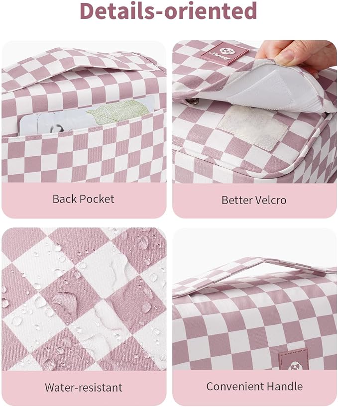 Narwey Small Hanging Travel Toiletry Bag for Traveling Women, Checkered Travel Bag for Toiletries, Makeup Bag Organizer Make Up Cosmetic Bags,Gifts for Kids Teen Girls (Dusty Pink Checkerboard)