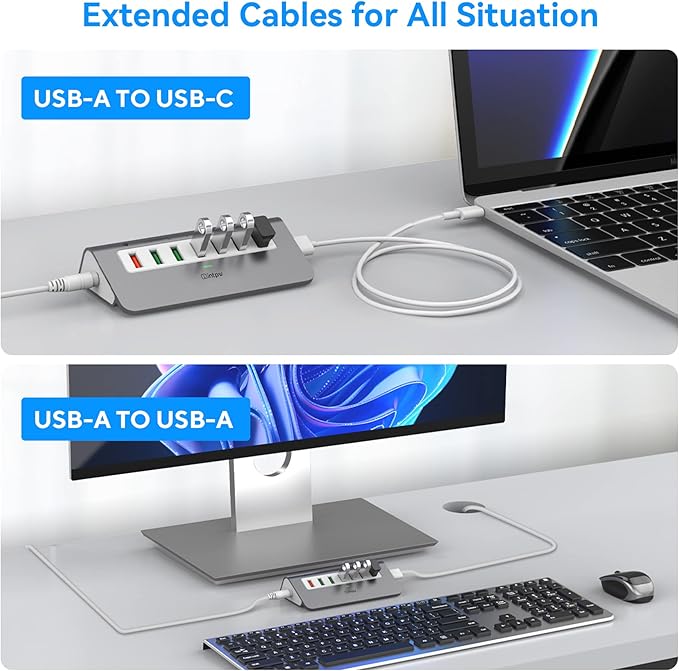 Powered USB Hub 10Gbps, 7 Port USB 3.2 Gen 2 Hub with 4 USB 3.2 Data Ports, 3 Fast Charging Ports, 36W Power Adapter, Type A and Type C Cable, Aluminum USB Data Hub for Mac, PC, Laptop