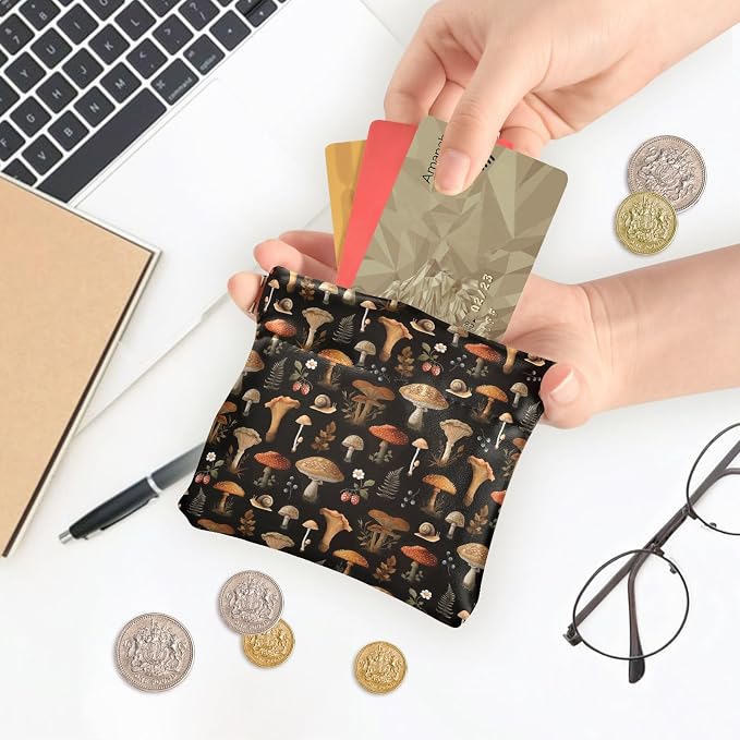 Mushroom Snail Berry Women's Waterproof PU Leather Coin Purse, Slim Travel Wallet with Zipper - Compact Card Holder & Jewelry Organizer for Cash, Keys, Lipstick