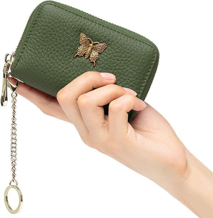 imeetu RFID Credit Card Holder for Women Genuine Leather Card Case Wallet with Zipper and Removable Keychain (Olive Green)