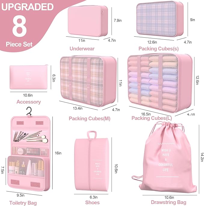 8 Set Packing Cubes for Travel,Suitcase Organizer Bags for Luggage with Shoe & Hanging Toiletry Bag, Vacation Essentials & Accessories for Cruise Ship, Airplane Must-Have,Road Trip & Camp Gifts(Pink)