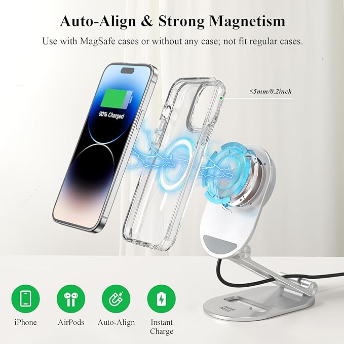 Magnetic Wireless Charger, Minthouz Foldable Mag Safe Charging Stand, Adjustable Wireless Charging Station with 20W Wall Adapter, for iPhone 16 15 14 13 12 Pro/Max/Plus, AirPods 3/Pro 2/Pro