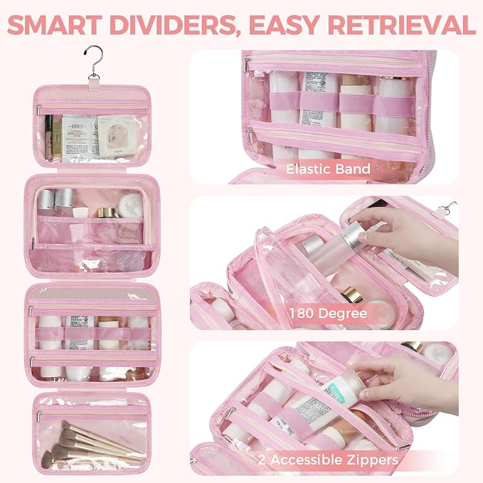 Toiletry Bag for Women, Portable Hanging Organizer, 4 Leakproof Compartments for Full-Sized Conditioners, Brush Sets, Makeup Accessories, Visible and Easy to Access, M, light pink