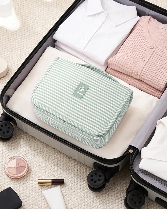 Narwey Small Hanging Toiletry Bag for Travel Women Girl, Striped Toiletries Travel Bag with Hook, Hanging Makeup Bag Organizer Make Up Cosmetic Bags, Gifts for Kids Teen (Mint Green Stripe)