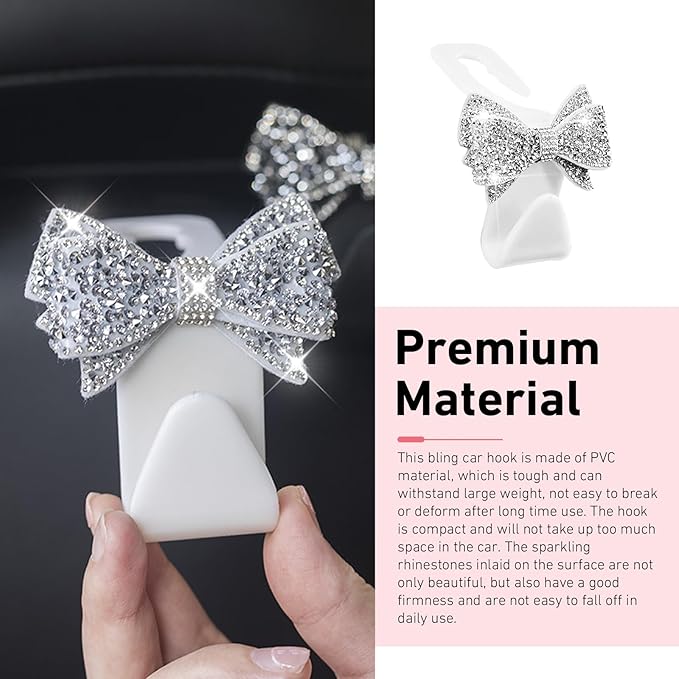 2 PCS Car Headrest Hooks, Cute Bowknot Auto Seat Back Hangers for Purses Bags Coats, Bling Rhinestone Interior Storage Organizer Hooks, Universal for Cars SUVs Trucks (White)