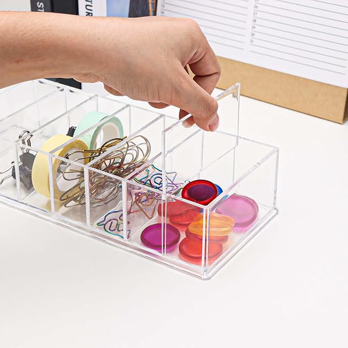 NatSumeBasics Clear Drawer Organizer 8-Section Desk Compartment Acrylic Tray Holder for Storage Cards Notepads and Office Accessories Supplies (Medium)
