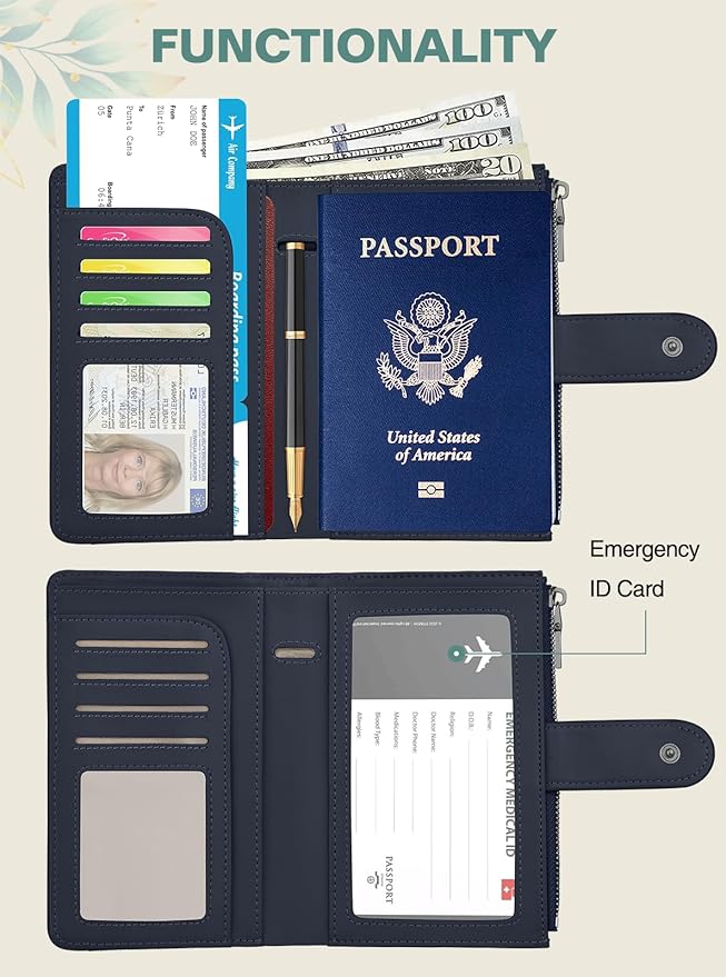 Passport Holder for Travel, Leather Passport Wallet with Airtag Slot, RFID Blocking Travel Wallet for Women Men, Passport Cover with Air Ticket Card Cash Coin Pocket, Travel Essentials Gift