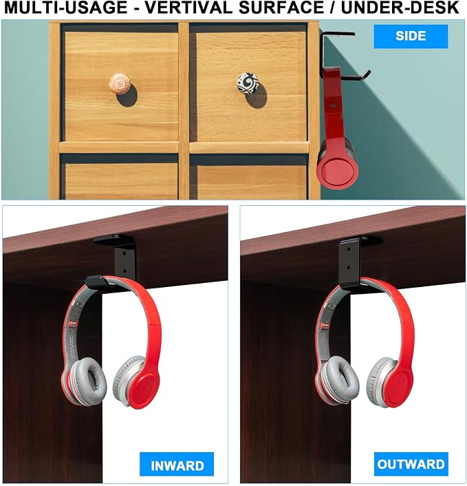 Cosmos 2 Pcs Headphone Hanger Mount Under-Desk Headset Hanger Hook Earphone Holder Wall Mount Hooks with Adhesive Tape & Screw Set Compatible with PC Gaming DJ Headset, Acrylic (Solid Black)