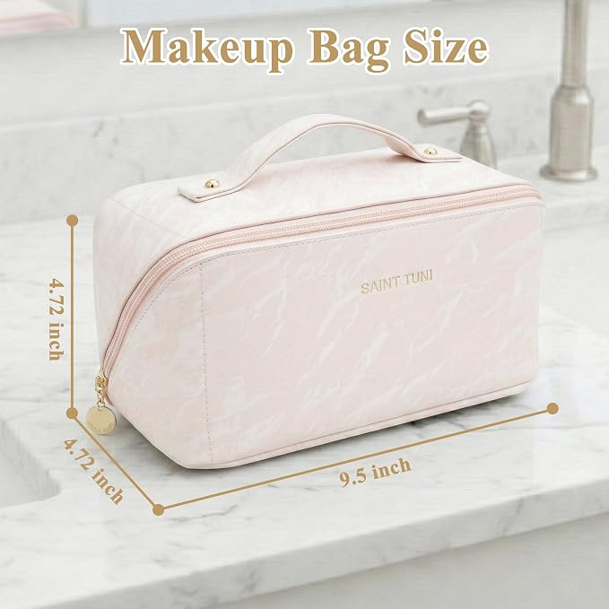 Cosmetic Bag,Travel Makeup Bag, Large Capacity Cosmetic Bags for Women, Waterproof Portable Open Flat Toiletry Bags,Makeup Organizer Bag with Divider and Handle, Cosmetic Pouch Gifts for Women (Pink)