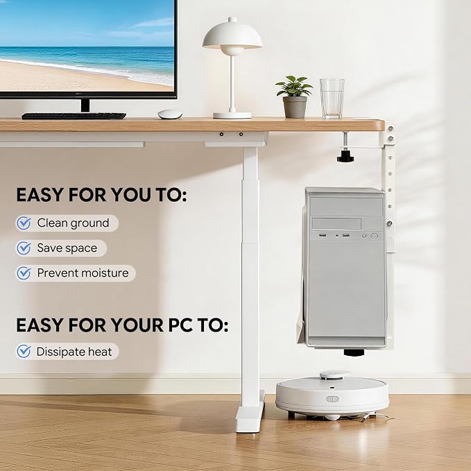 TooCust Adjustable Under Desk PC Mount, Heavy Duty No Drilling Clamp Mount on Desk Fits Most PC Tower 14.5”-22.4” (H) , Thickened & Ultra Strong CPU Holder for Standing Desk & Home Office, White