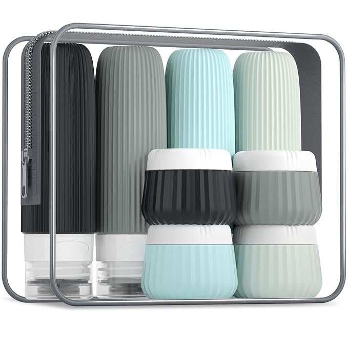 Mrsdry Travel Bottles - 8 Pack, TSA Approved Travel Size Toiletries, Leak Proof Silicone Squeezable Containers in Clear Bag