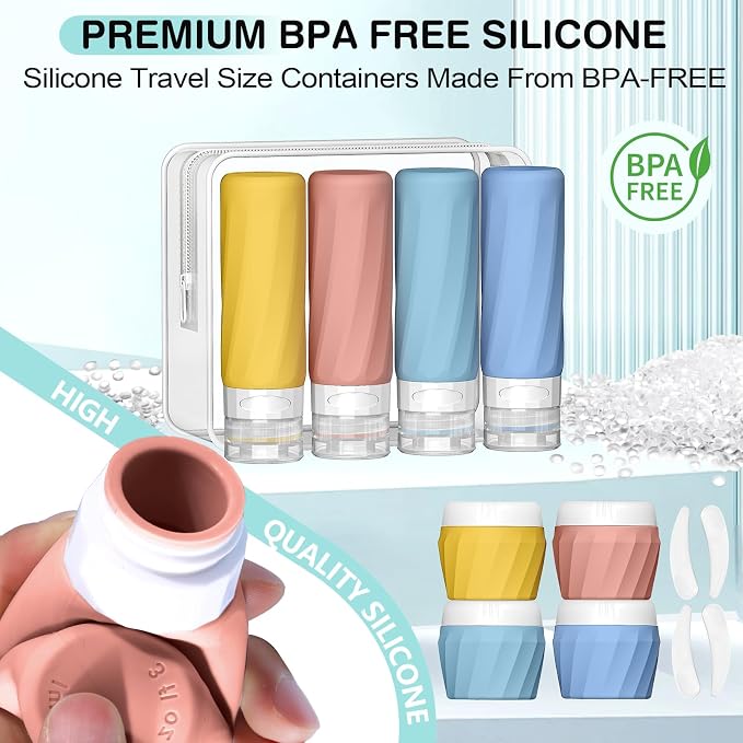 Silevoler 14pack Travel Bottles for Toiletries, TSA Approved Travel Size Toiletries Containers Set, Premium Silicone Leak Proof Refillable Bottles & Creams Jars Accessories Kit W/Clear Bag (Bright)