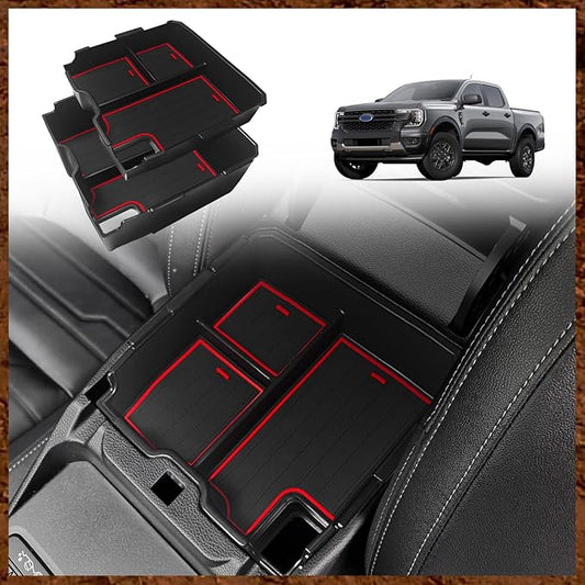 Muslogy Center Console Organizer Compatible with Ford Ranger 2024 2025 2026 & Raptor Accessories Two-Layer Storage Box Insert Tray Secondary Storage Divider Armrest Tray ABS Material Glove Box (Red)